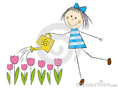 Cute girl watering tulips Stock Photo